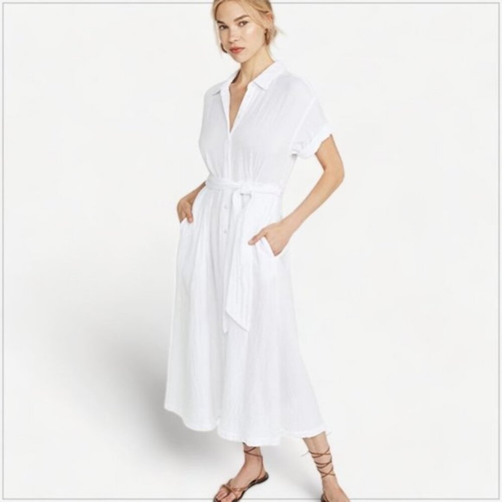 Womens Xirena Caylin Dress White Wash Gauzy Belted Button Front Shirt Dress L *